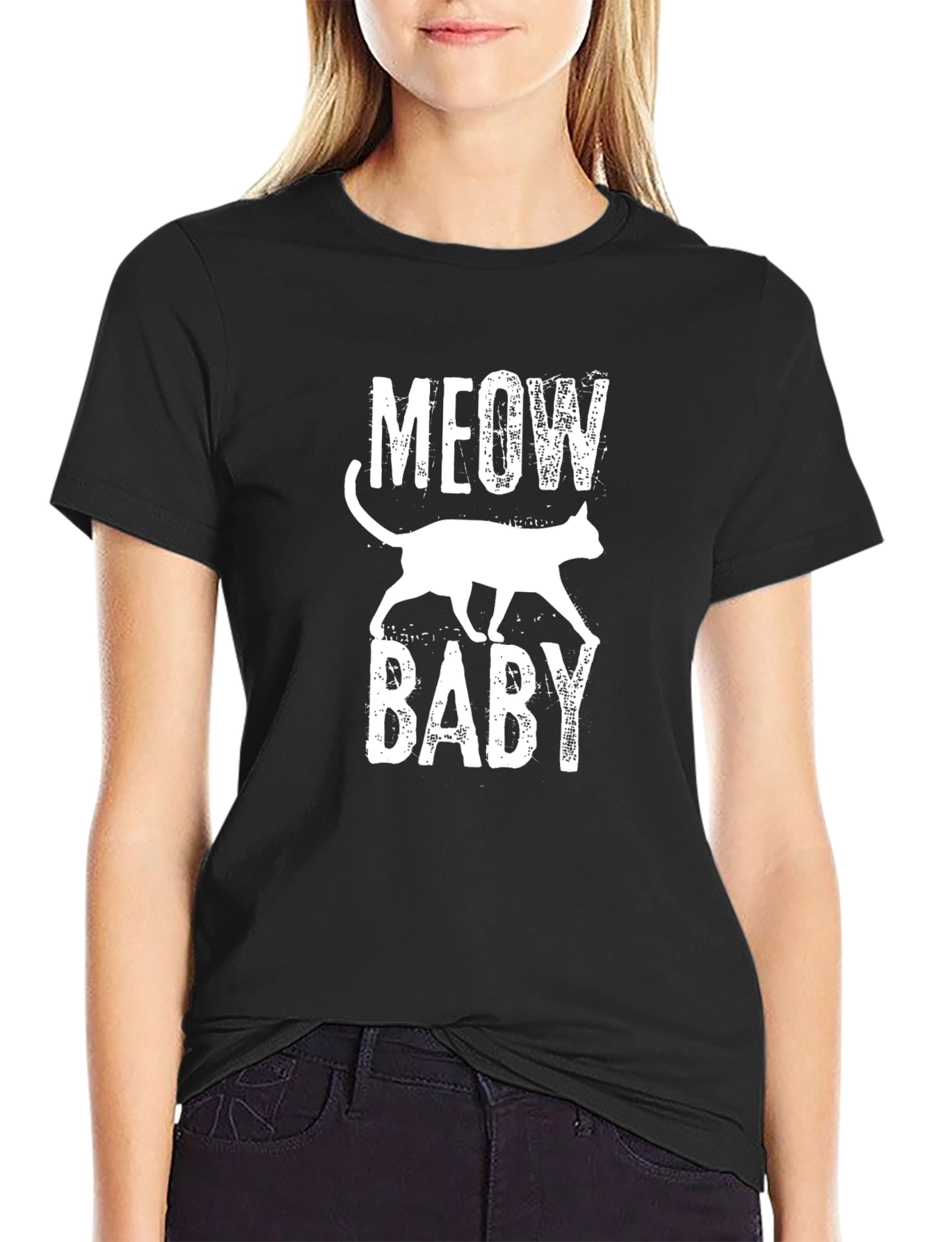Meow Baby Cat Graphic Print Black T-Shirt