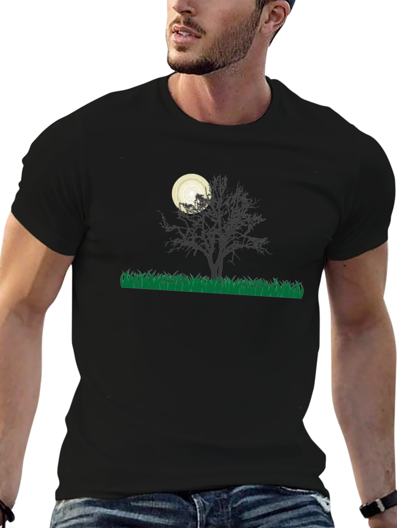 Eerie Night Tree Graphic Tee - Black Cotton Blend