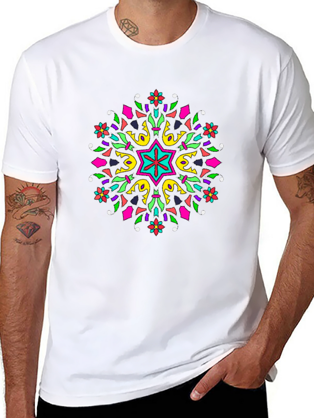 Vibrant Mandala Graphic Print Black T-Shirt