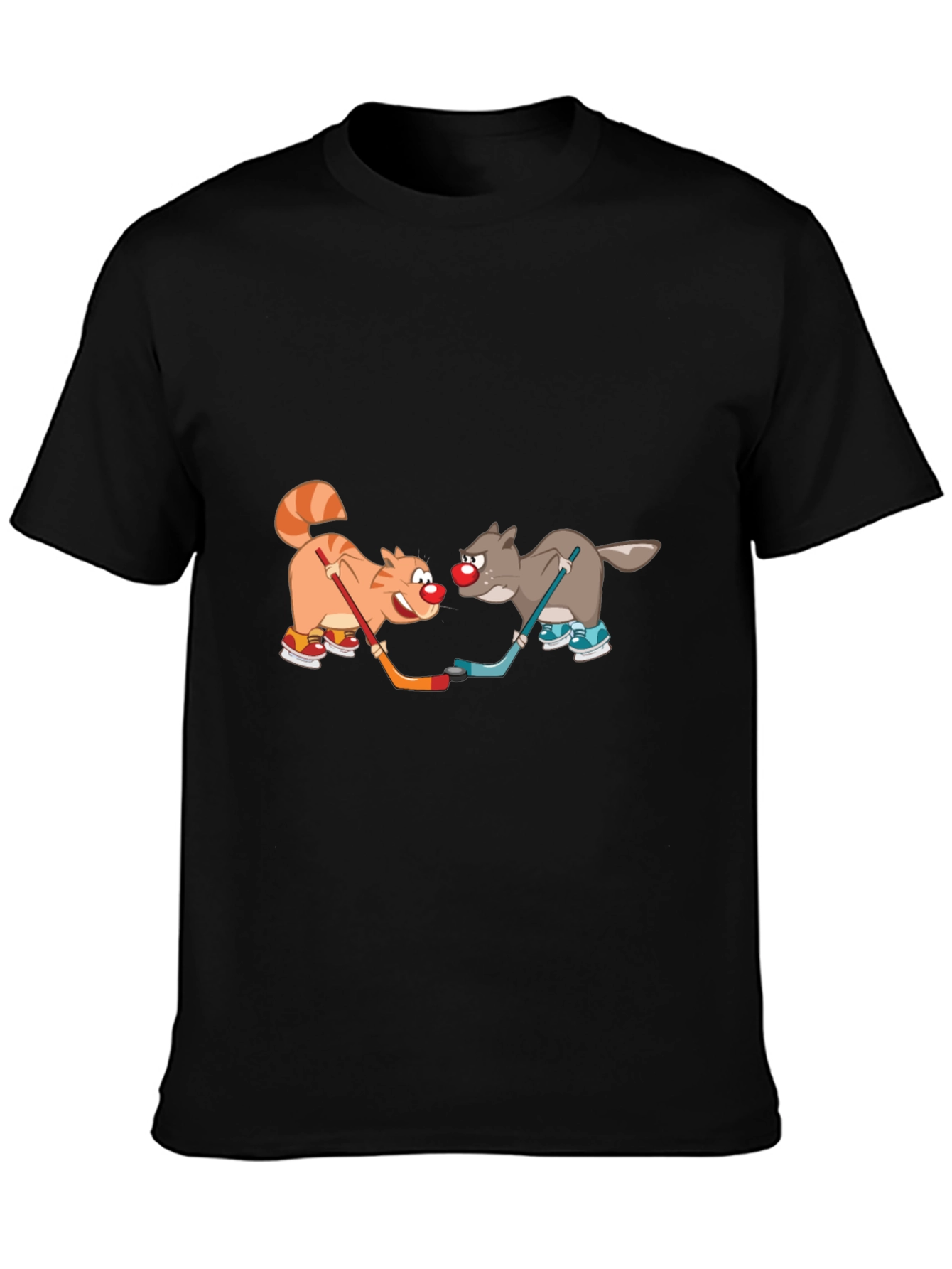 Cartoon Cat and Wolf Hockey T-Shirt
