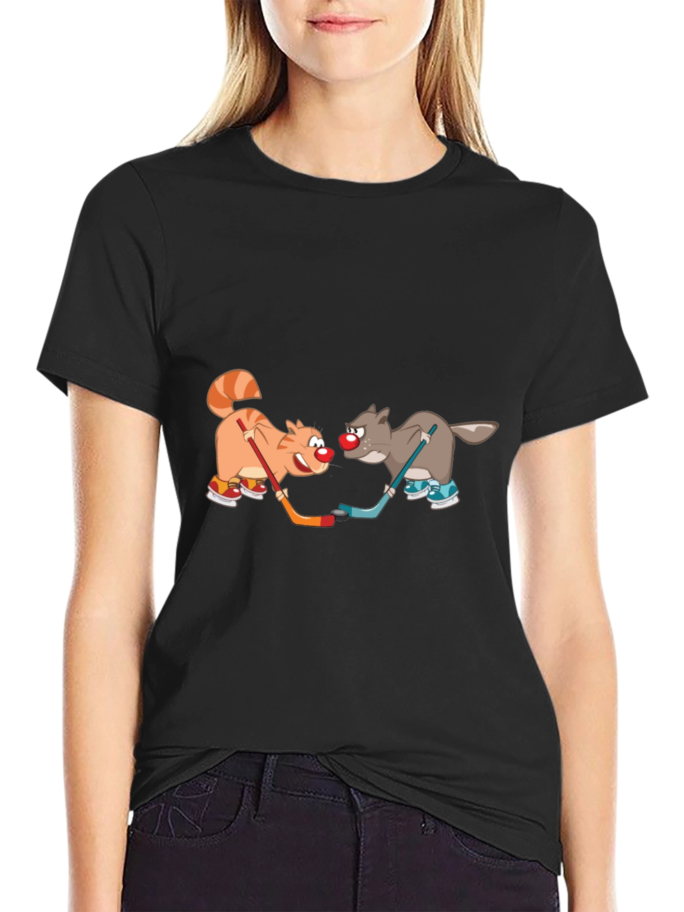 Cartoon Cat and Wolf Hockey T-Shirt