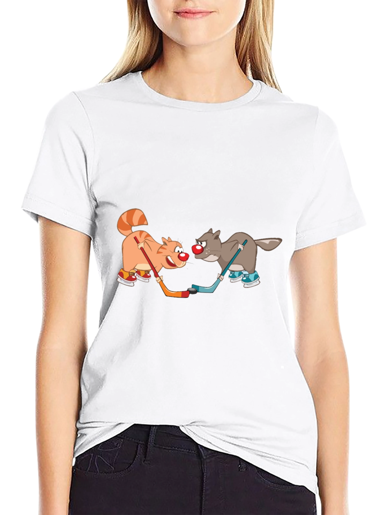 Cartoon Cat and Wolf Hockey T-Shirt