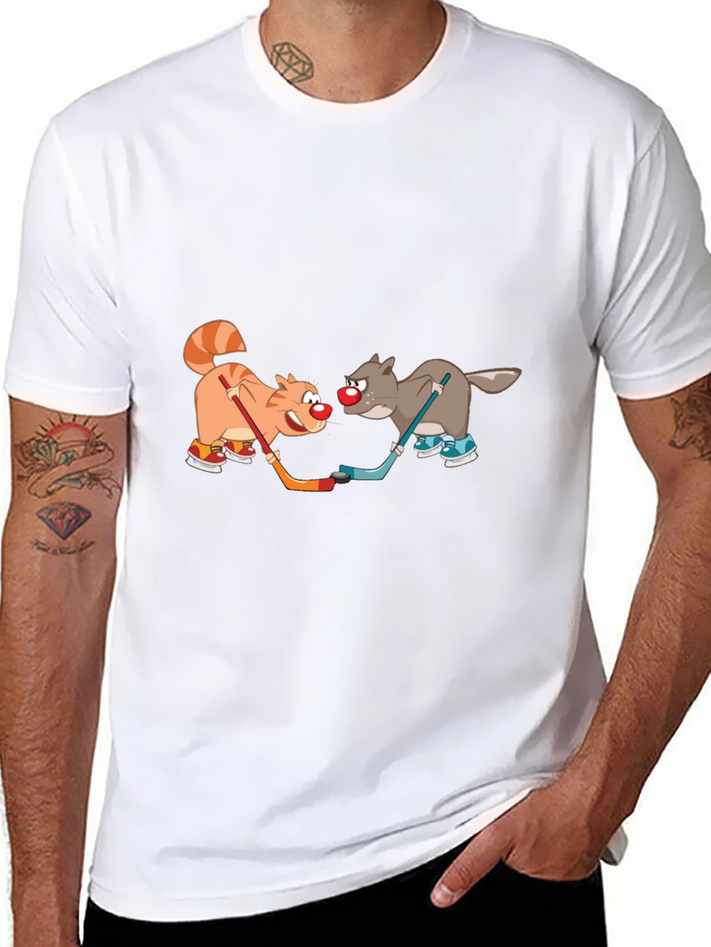 Cartoon Cat and Wolf Hockey T-Shirt