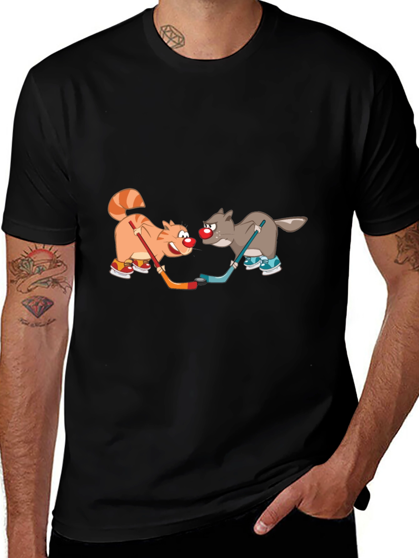Cartoon Cat and Wolf Hockey T-Shirt