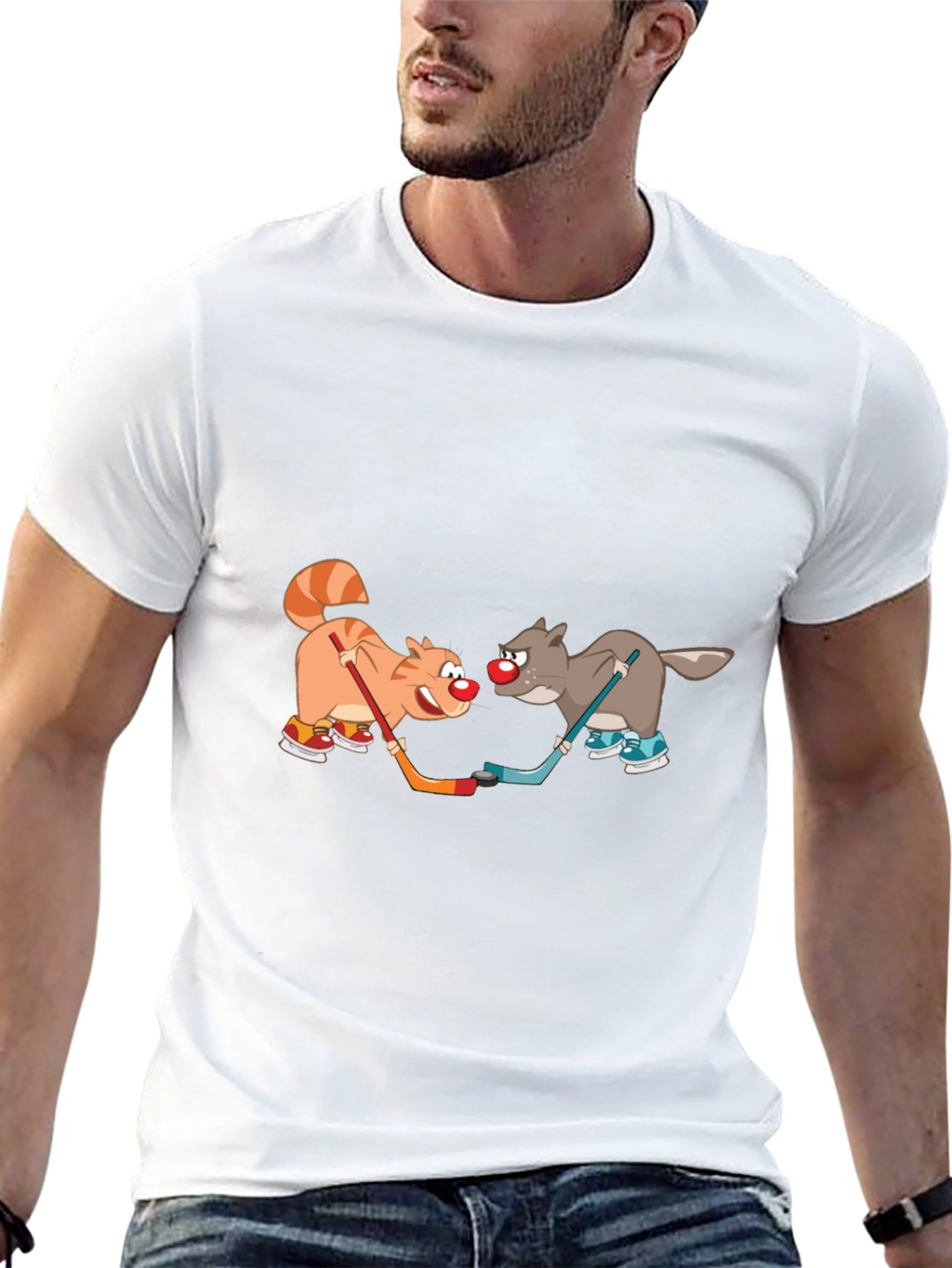 Cartoon Cat and Wolf Hockey T-Shirt