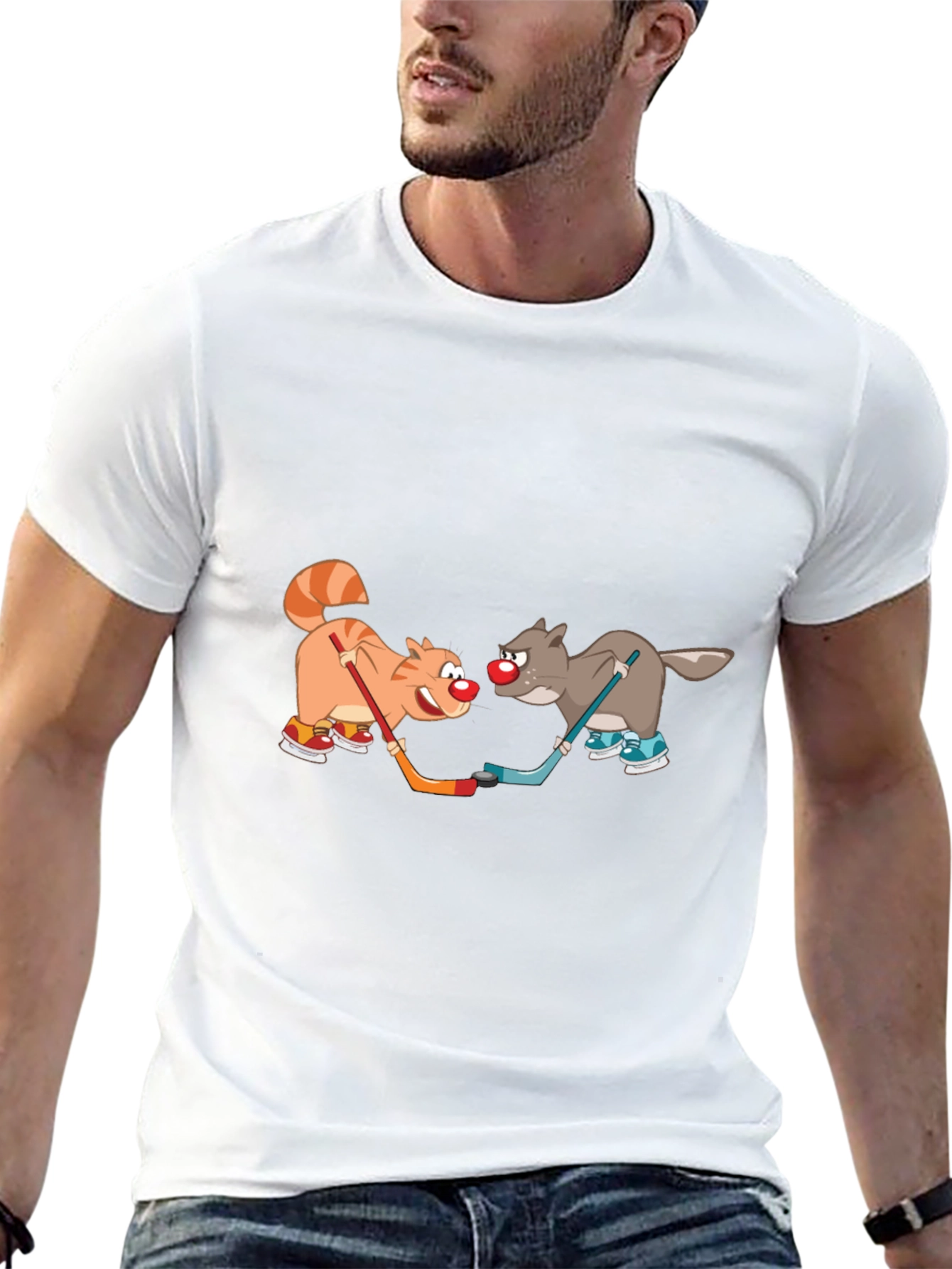 Cartoon Cat and Wolf Hockey T-Shirt