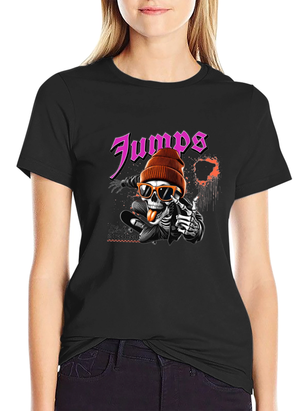 Jumps Skate Skeleton Black Graphic T-Shirt