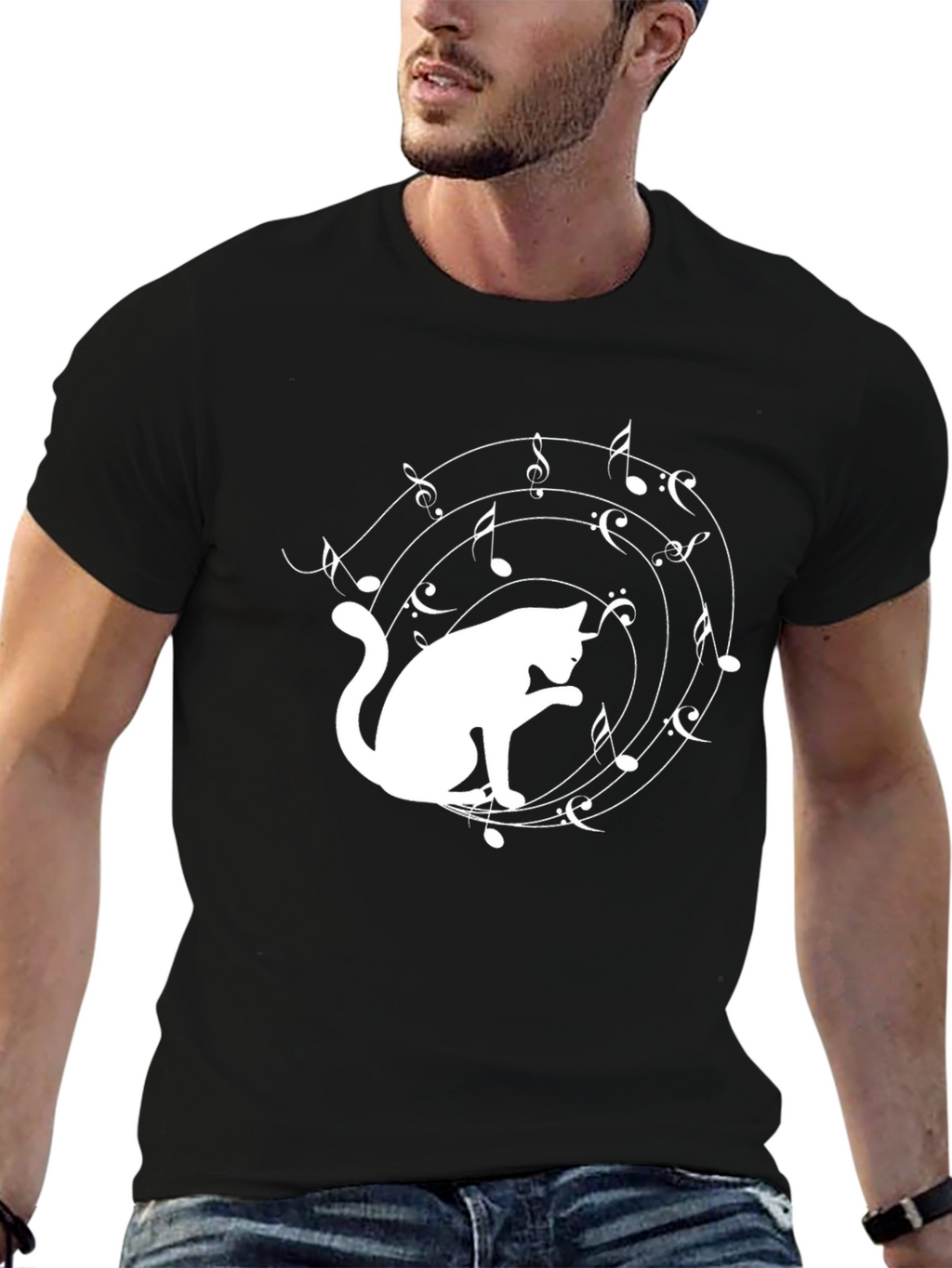 Cat Music Lover T-Shirt - Black Cotton Tee