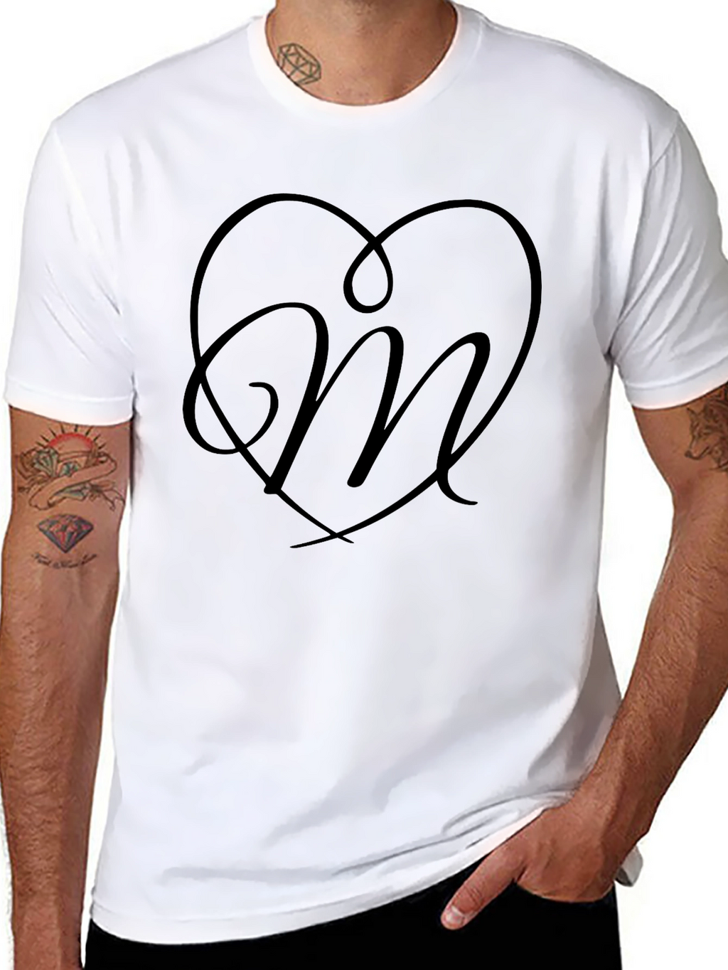 Heart Monogram Letter M Black T-Shirt