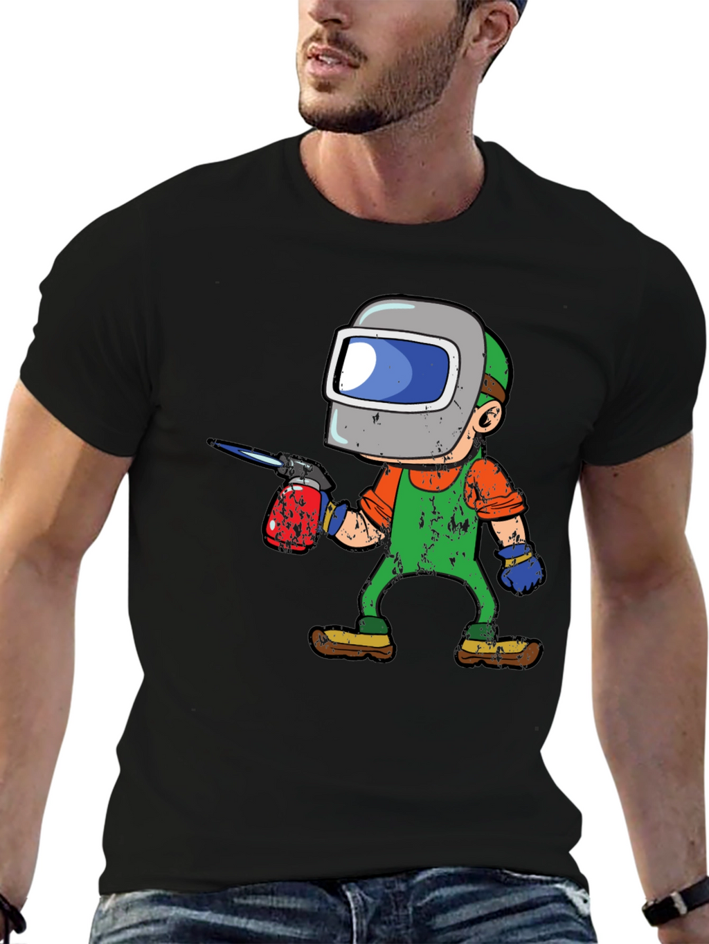 Welder Cartoon Graphic Tee - Black Cotton T-Shirt