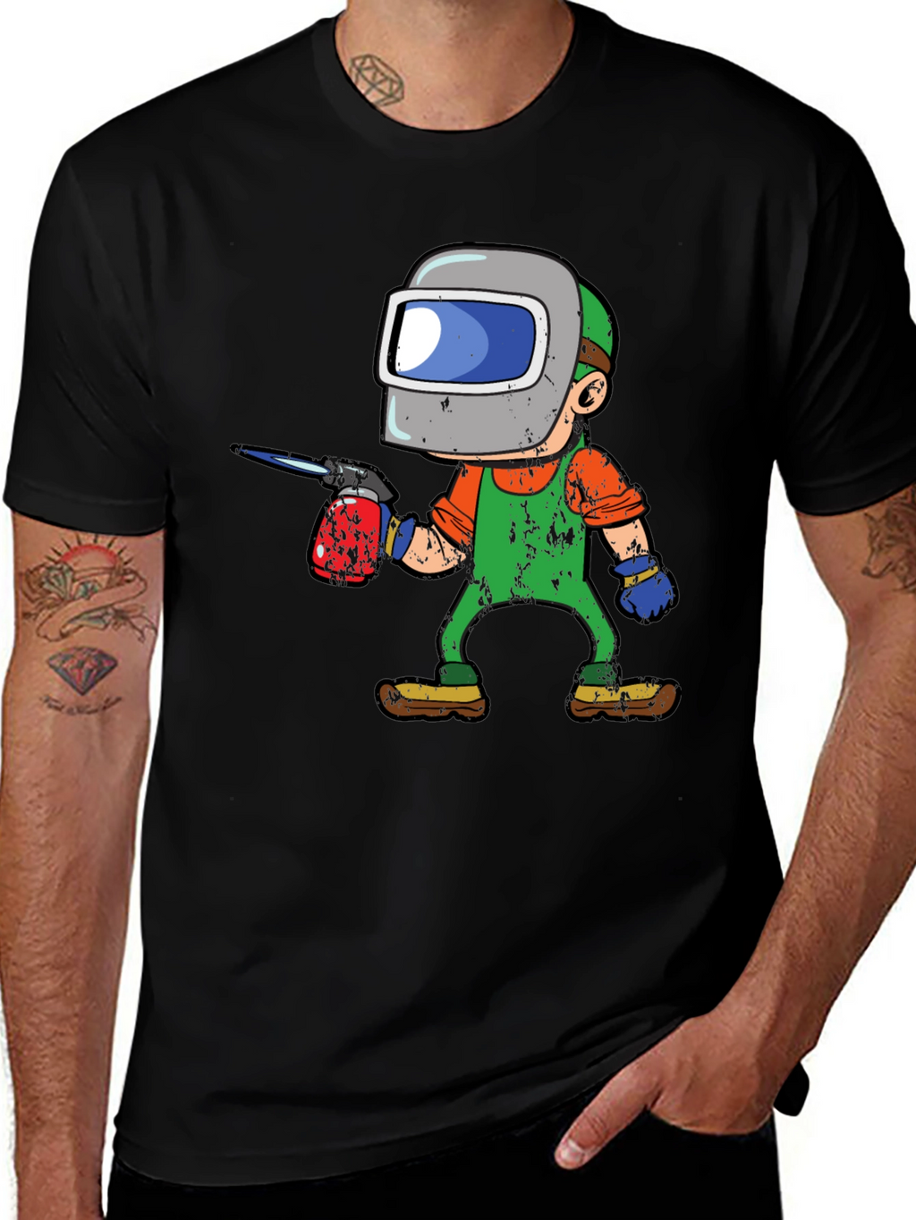 Welder Cartoon Graphic Tee - Black Cotton T-Shirt