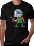 Welder Cartoon Graphic Tee - Black Cotton T-Shirt