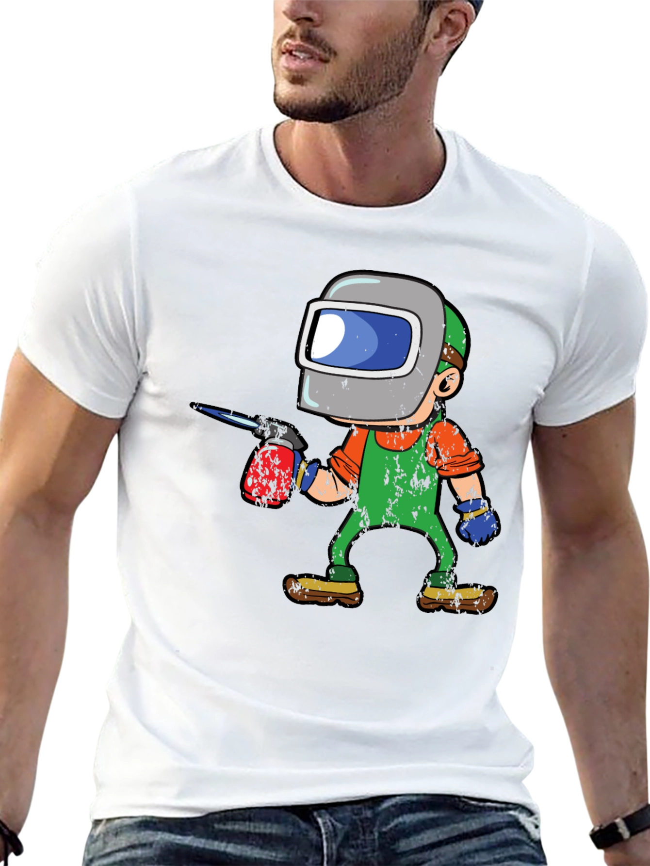 Welder Cartoon Graphic Tee - Black Cotton T-Shirt