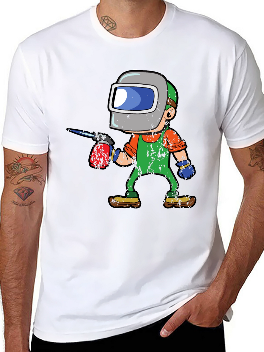 Welder Cartoon Graphic Tee - Black Cotton T-Shirt