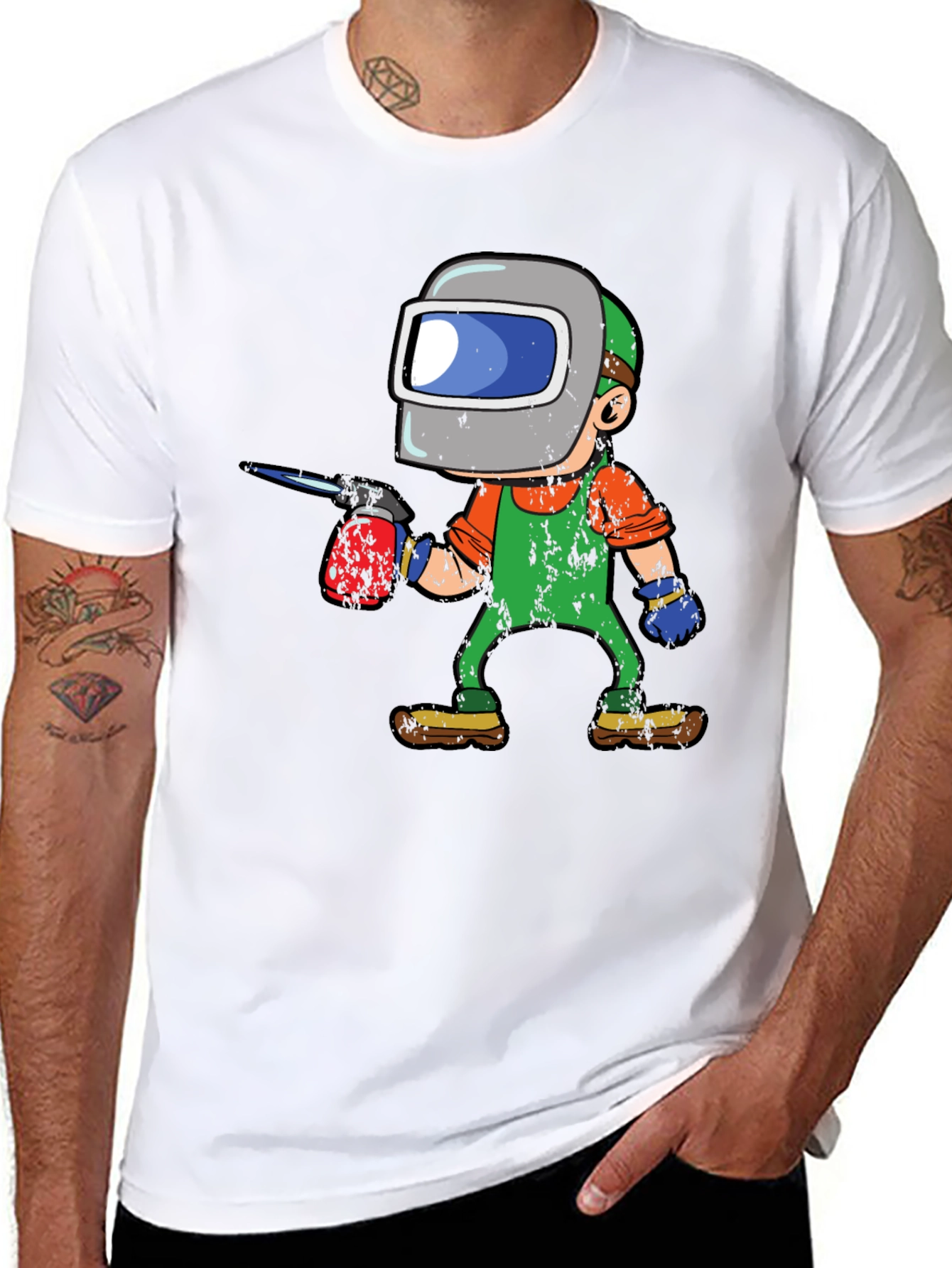 Welder Cartoon Graphic Tee - Black Cotton T-Shirt