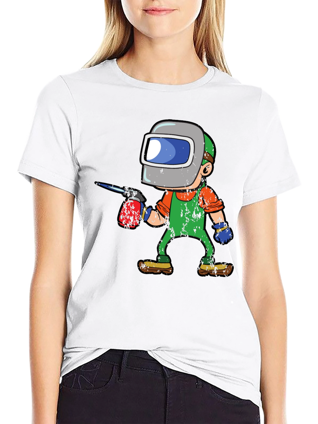 Welder Cartoon Graphic Tee - Black Cotton T-Shirt