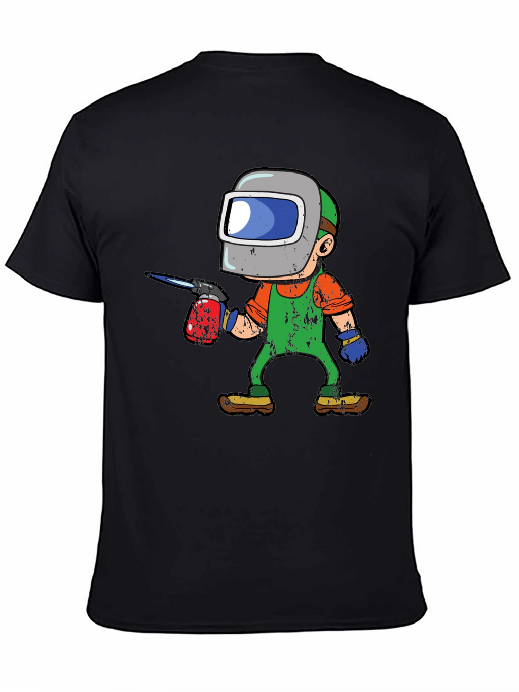 Welder Cartoon Graphic Tee - Black Cotton T-Shirt
