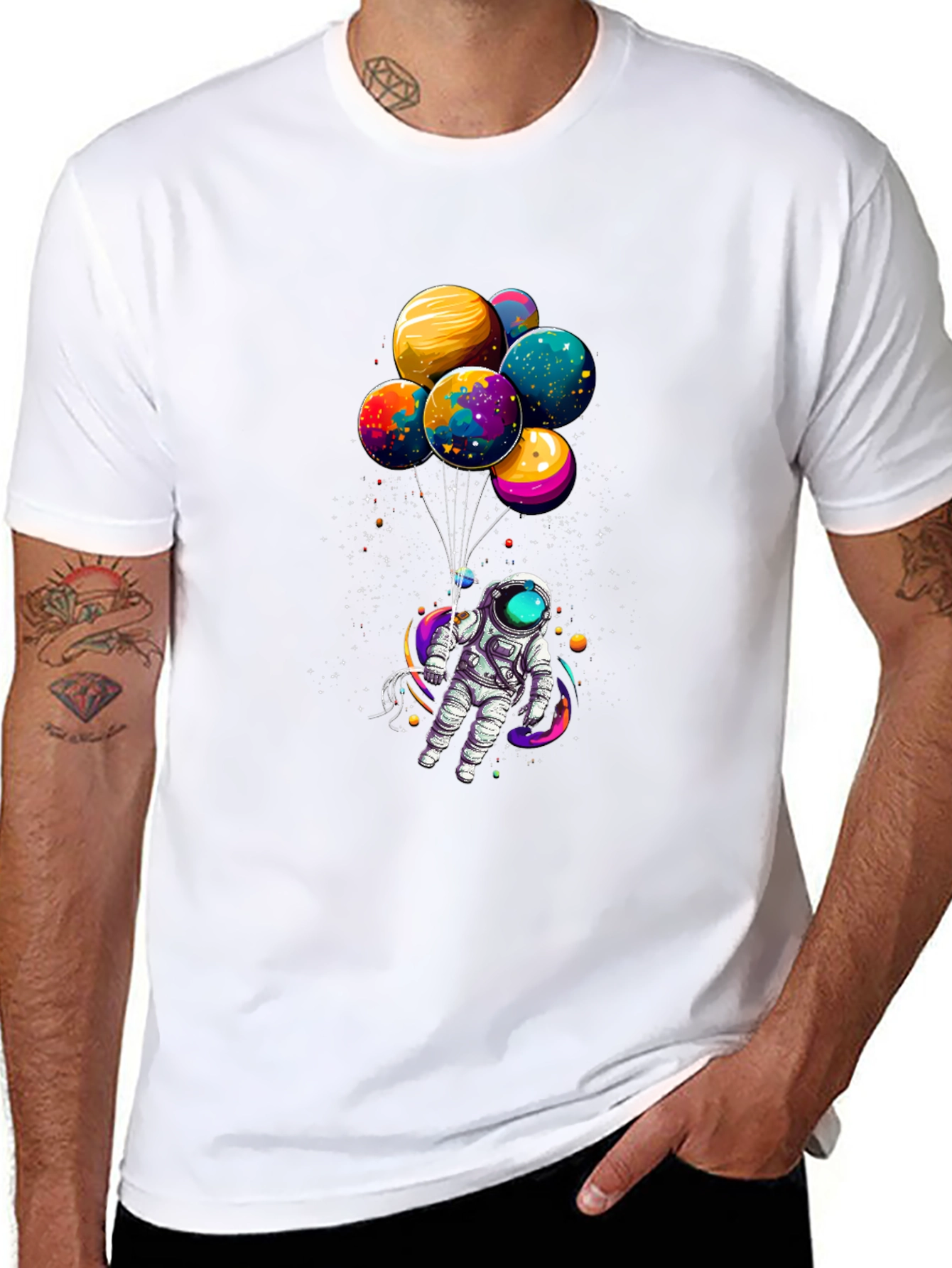 Astronaut with Planet Balloons Graphic Tee - Black