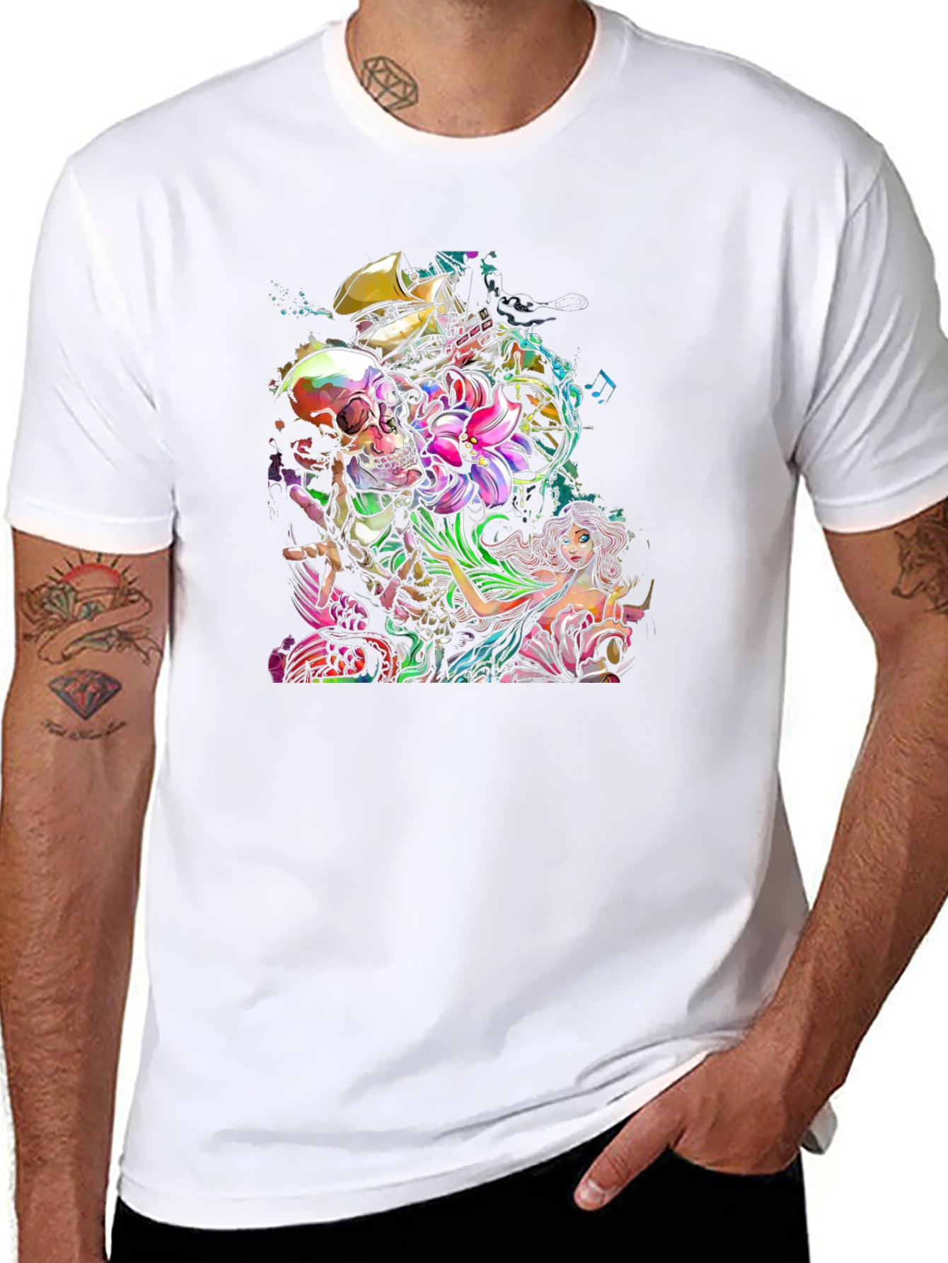Skull Mermaid Ship Graphic Print Black T-Shirt