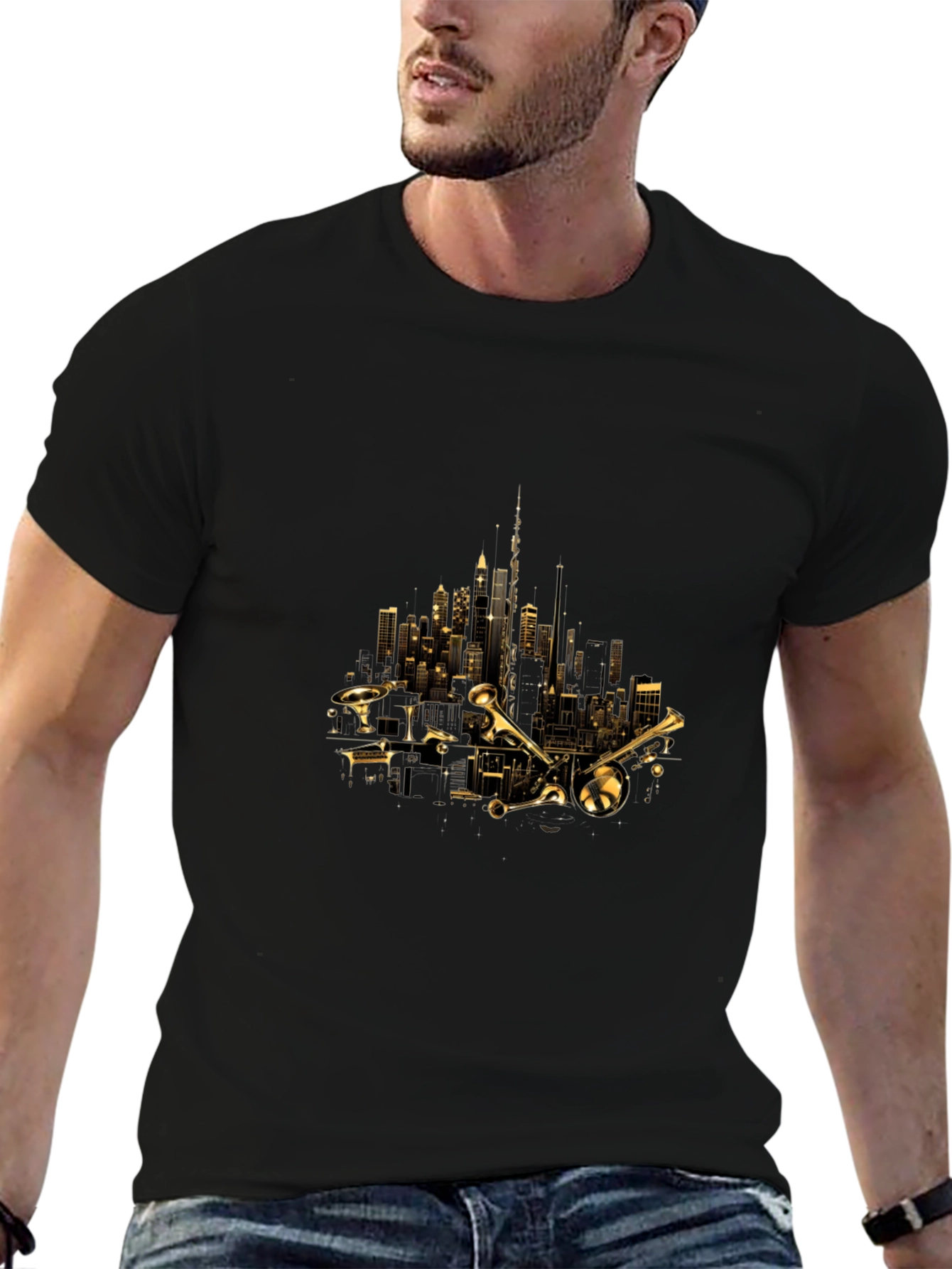 Cityscape Trumpet Graphic Tee - Black