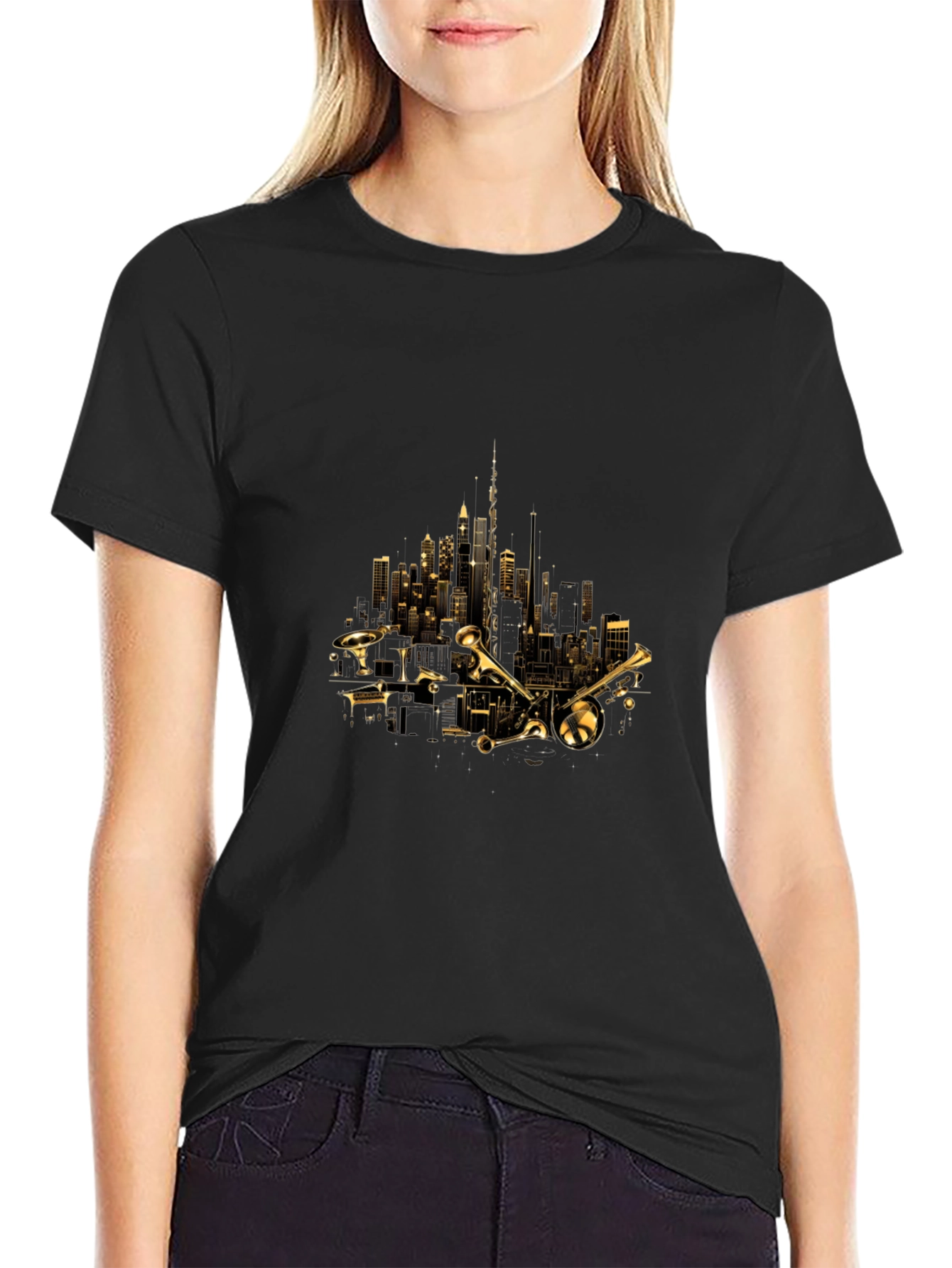 Cityscape Trumpet Graphic Tee - Black