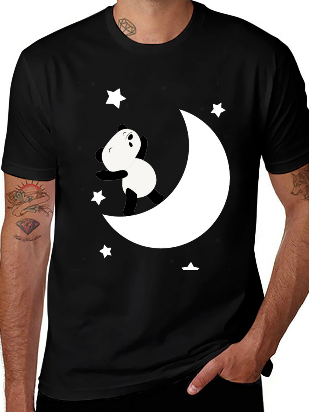 Panda Moon Star Graphic Tee - Soft Black Cotton