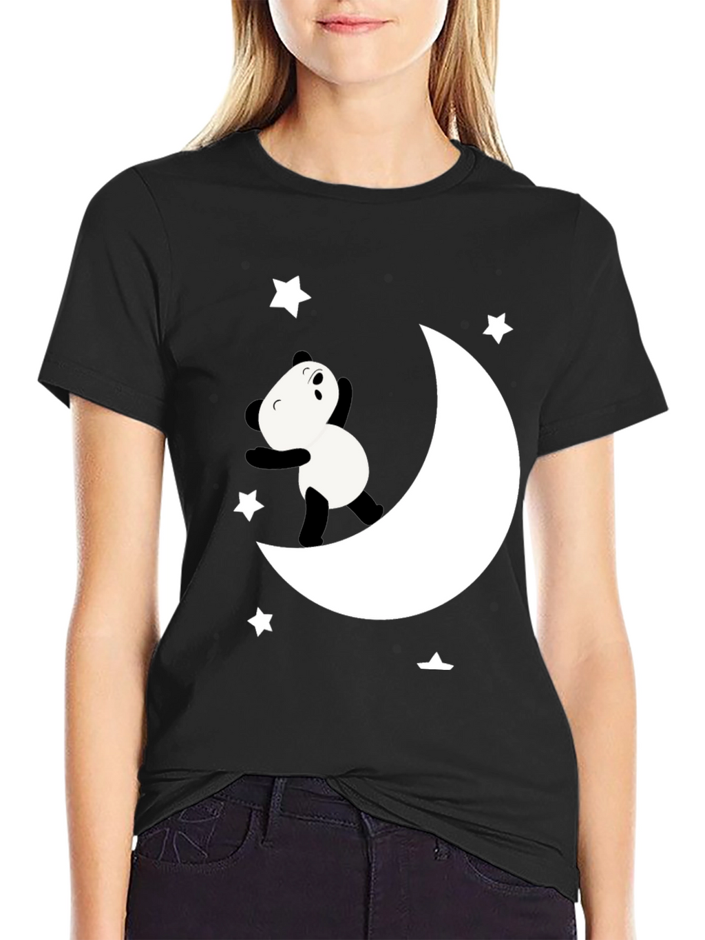 Panda Moon Star Graphic Tee - Soft Black Cotton