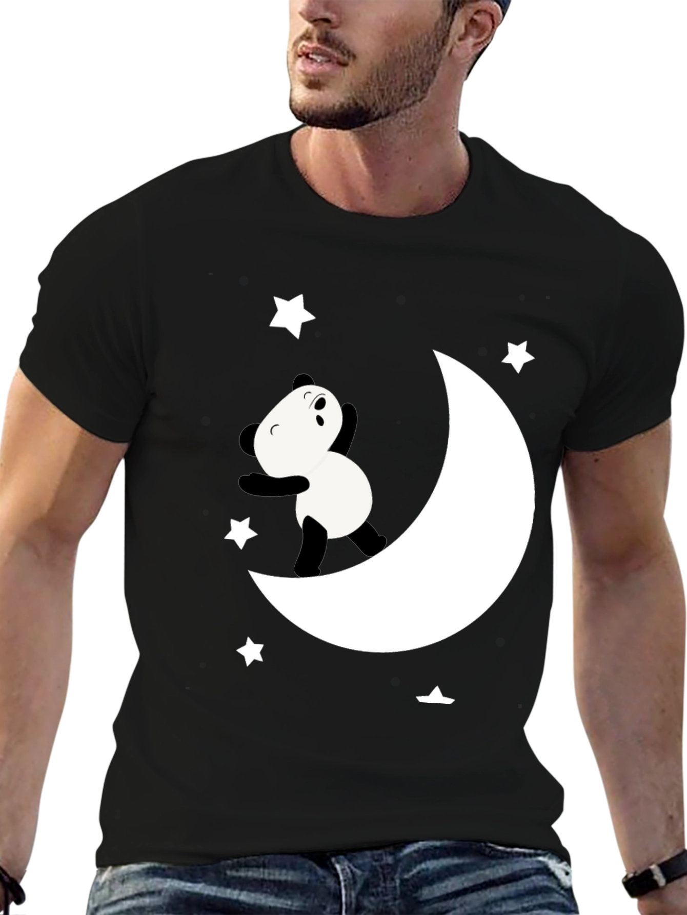 Panda Moon Star Graphic Tee - Soft Black Cotton