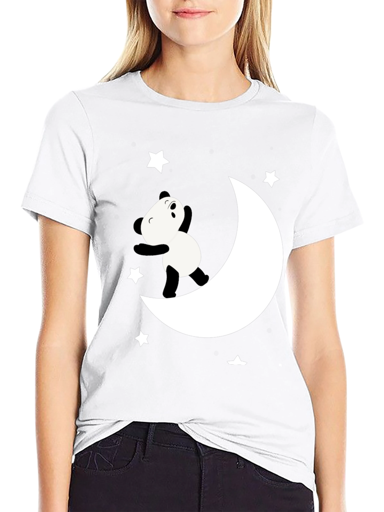 Panda Moon Star Graphic Tee - Soft Black Cotton