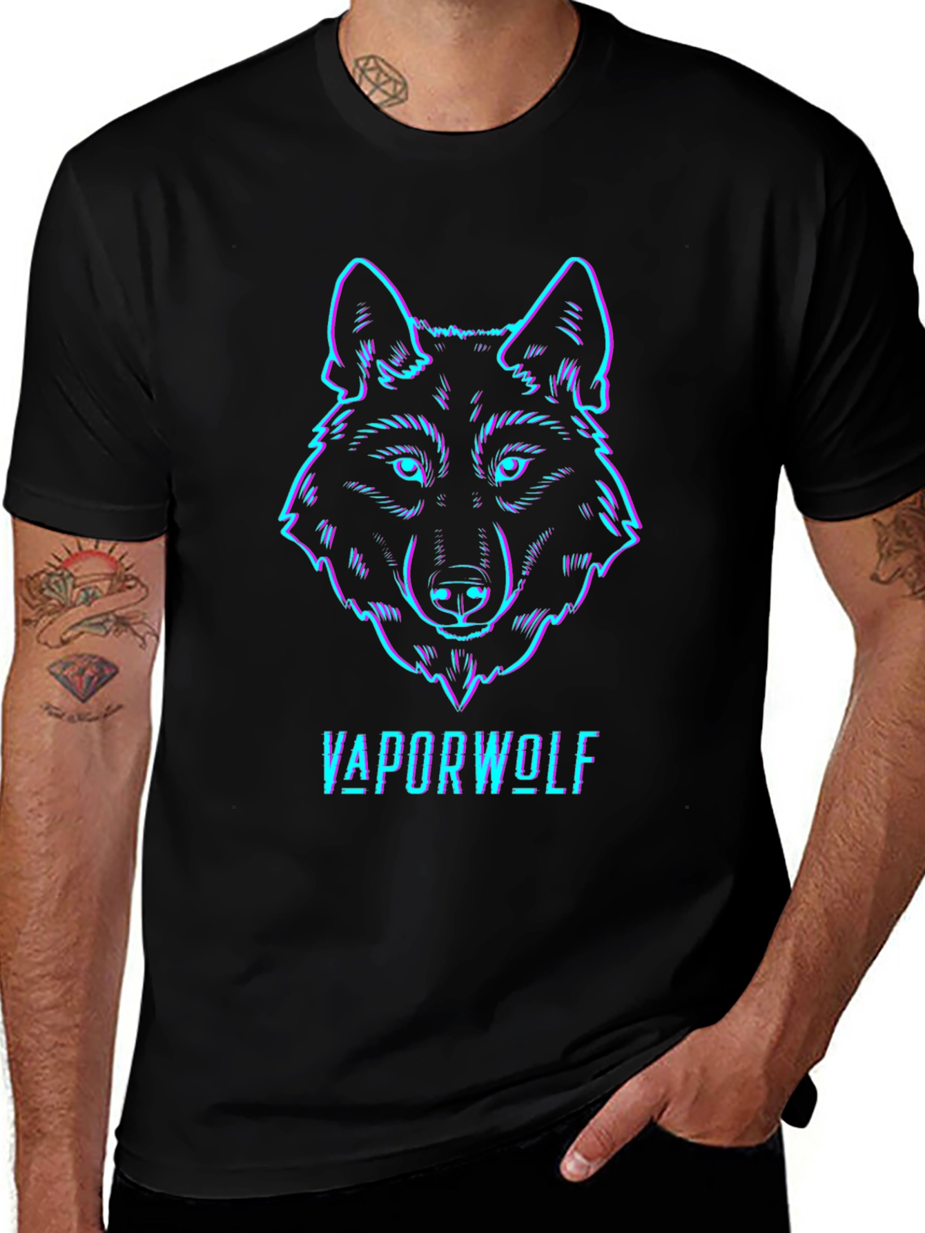 Vaporwave Wolf Graphic Tee - Black Cotton T-Shirt
