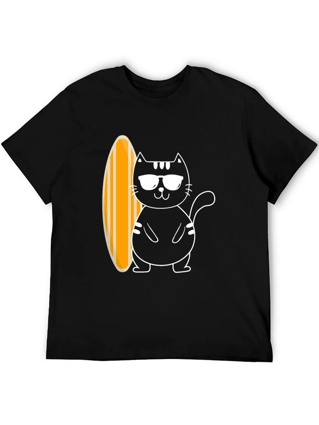 Cool Cat Surfboard Graphic Tee - Black Cotton T-Shirt