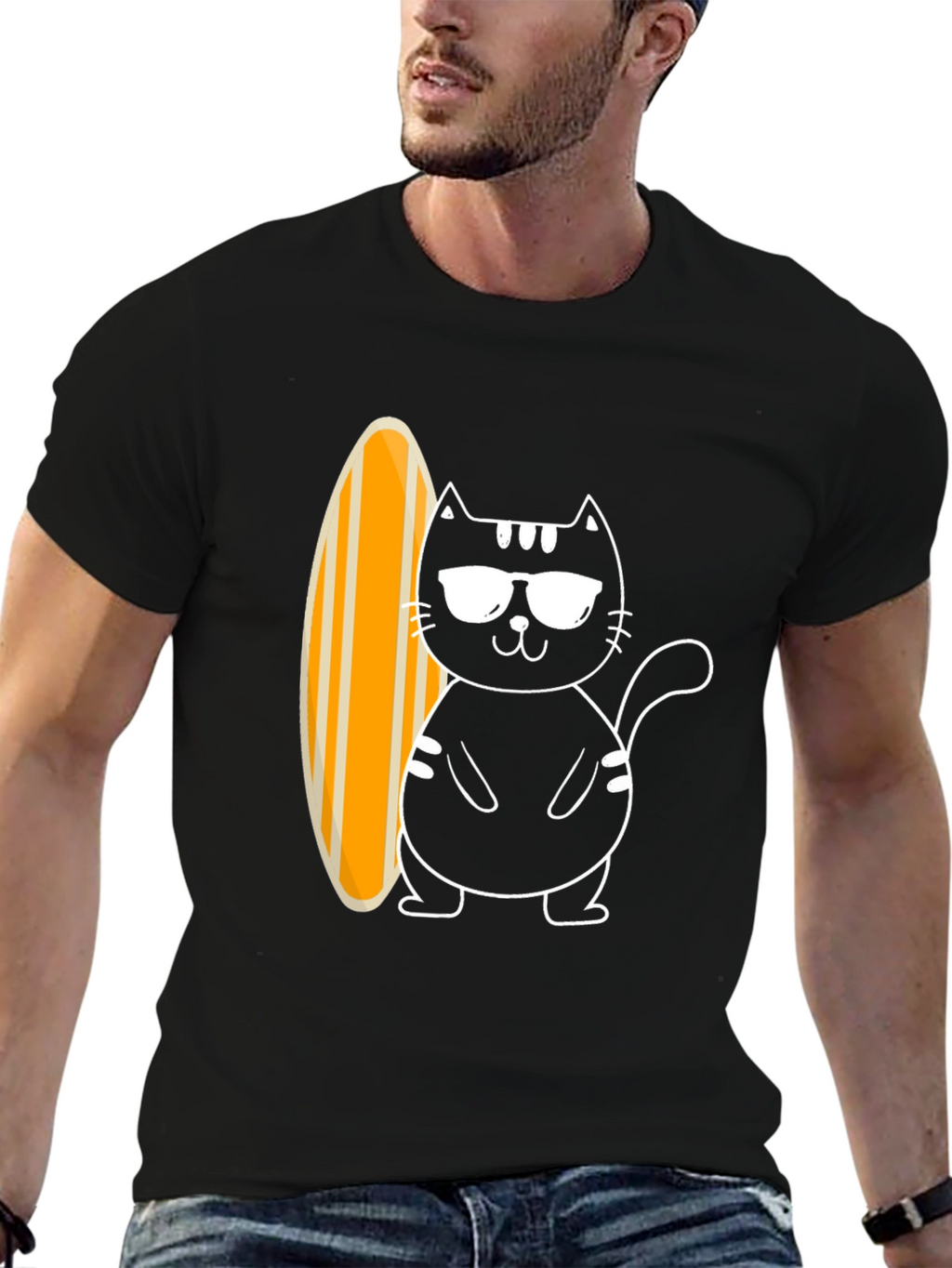 Cool Cat Surfboard Graphic Tee - Black Cotton T-Shirt