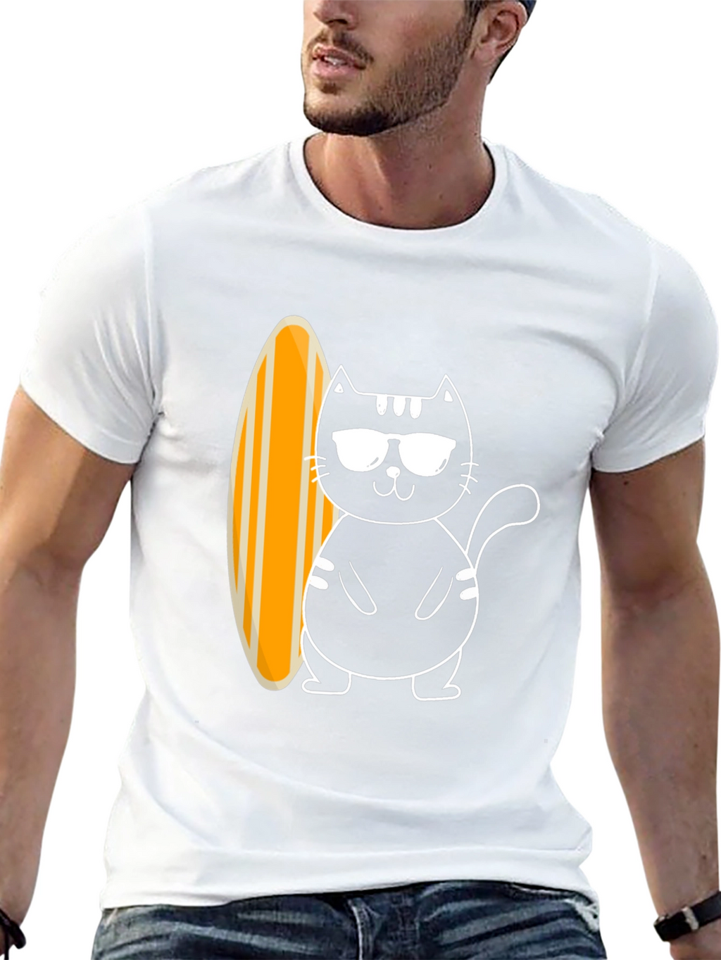 Cool Cat Surfboard Graphic Tee - Black Cotton T-Shirt