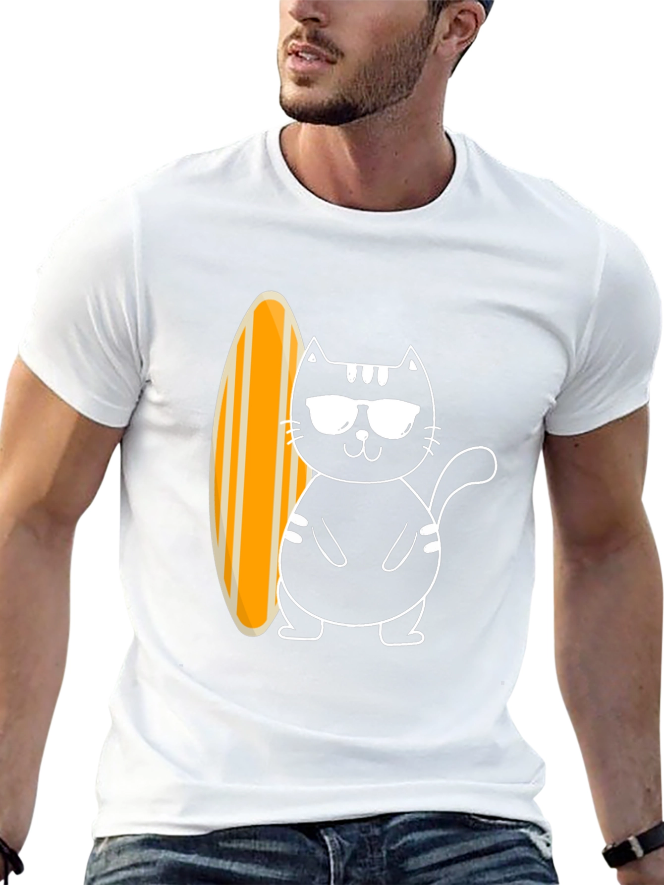 Cool Cat Surfboard Graphic Tee - Black Cotton T-Shirt
