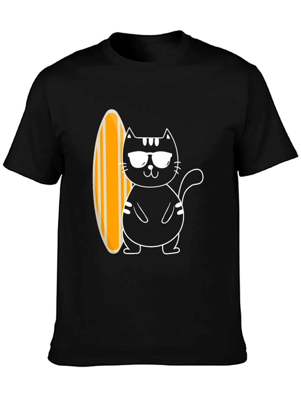 Cool Cat Surfboard Graphic Tee - Black Cotton T-Shirt