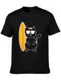 Cool Cat Surfboard Graphic Tee - Black Cotton T-Shirt