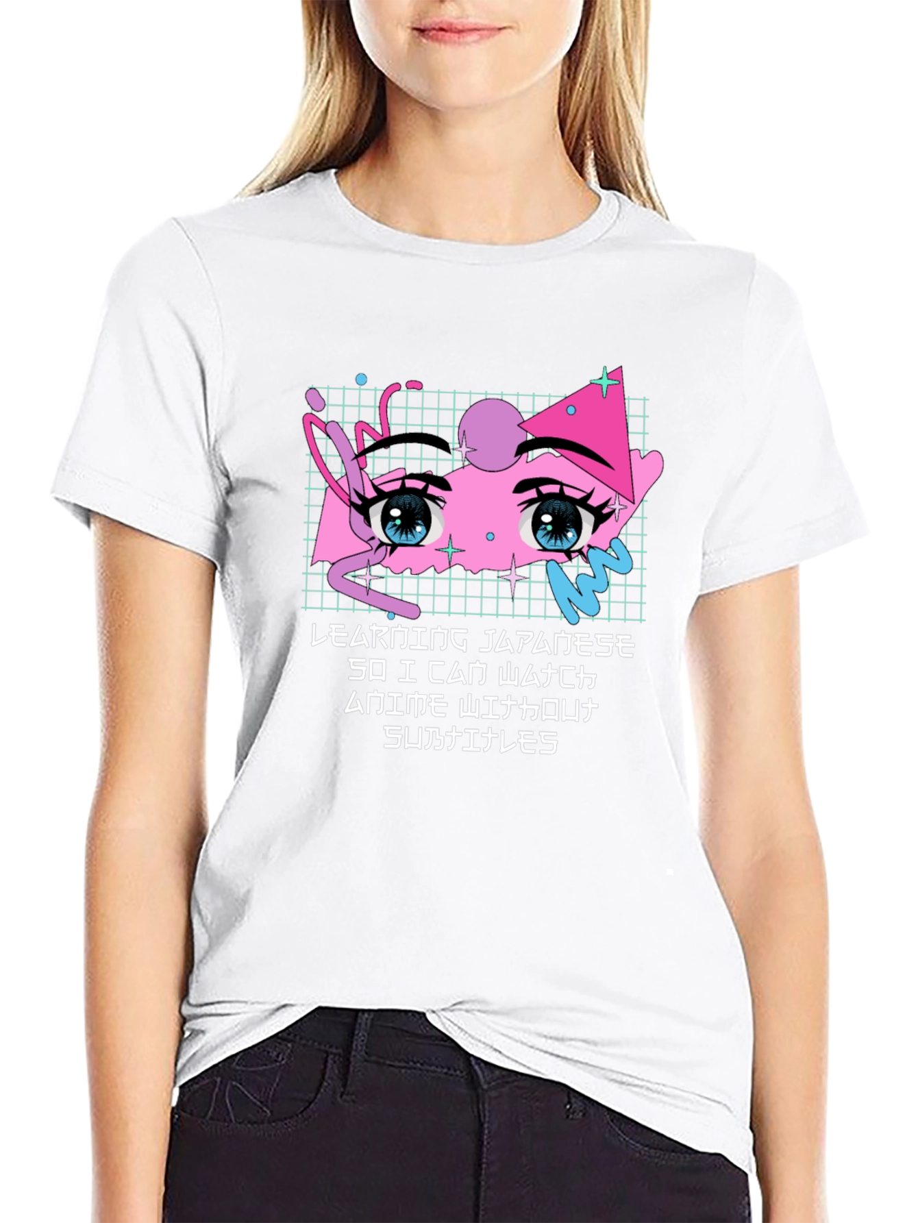 Anime Eyes Japanese Text Black T-Shirt