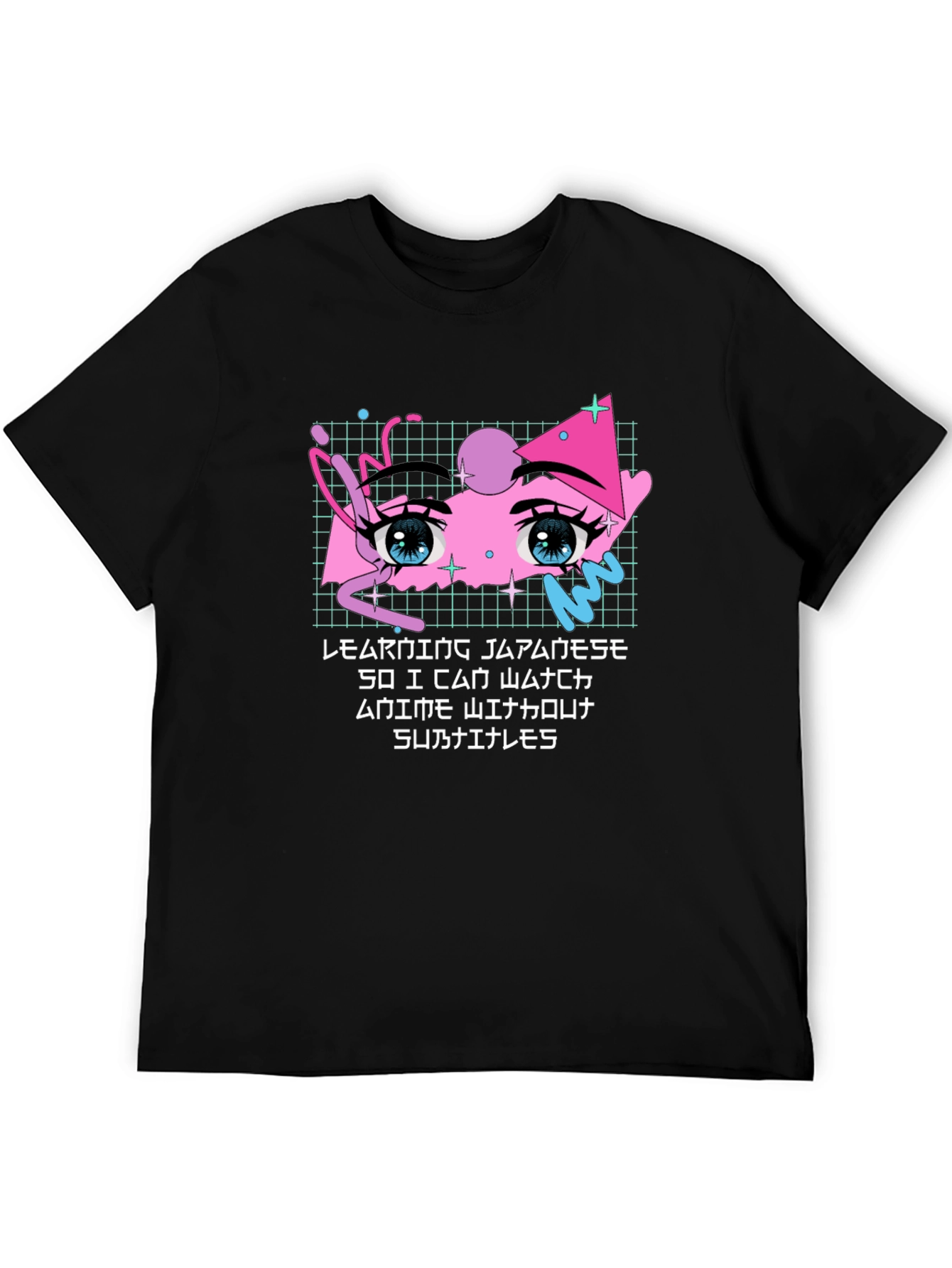 Anime Eyes Japanese Text Black T-Shirt
