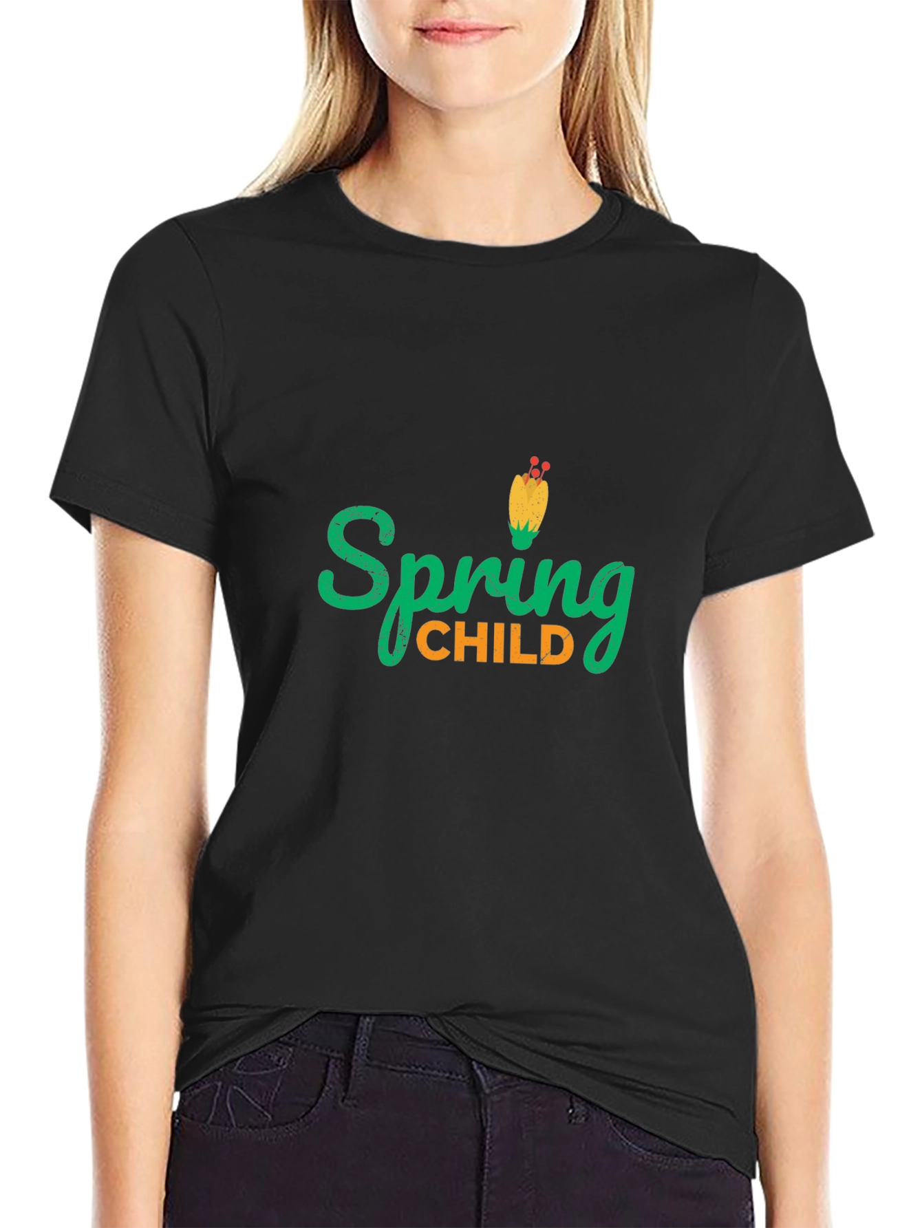 Spring Child Graphic T-Shirt - Black Cotton Tee
