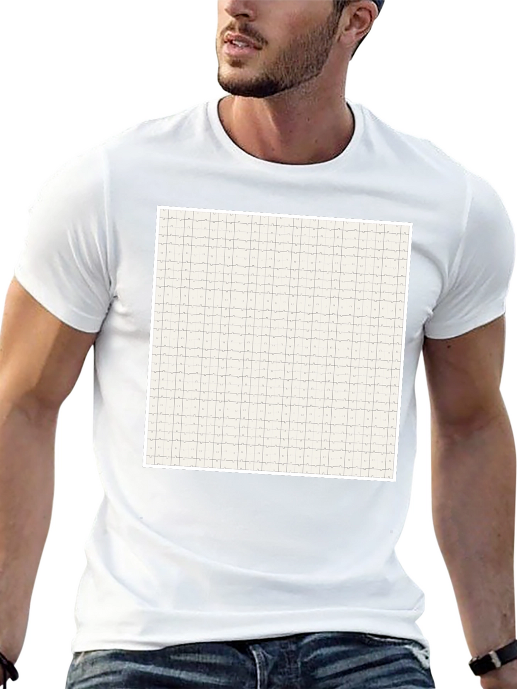 Grid Pattern Black Casual T-Shirt for Men