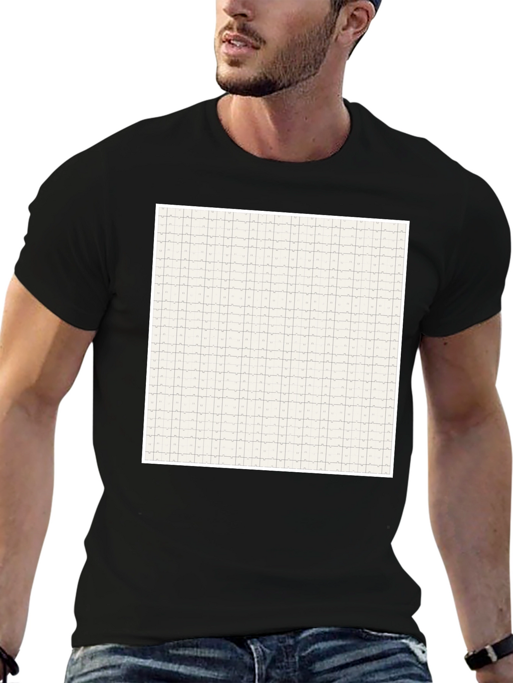 Grid Pattern Black Casual T-Shirt for Men