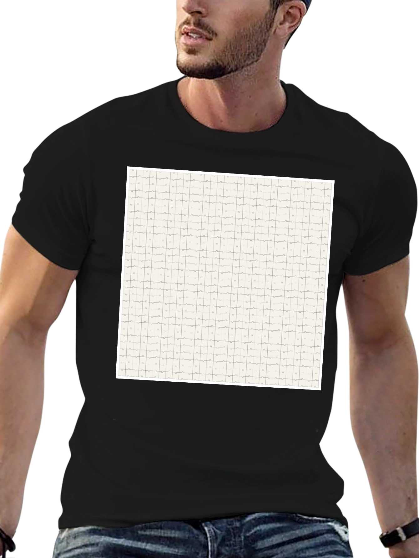 Grid Pattern Black Casual T-Shirt for Men