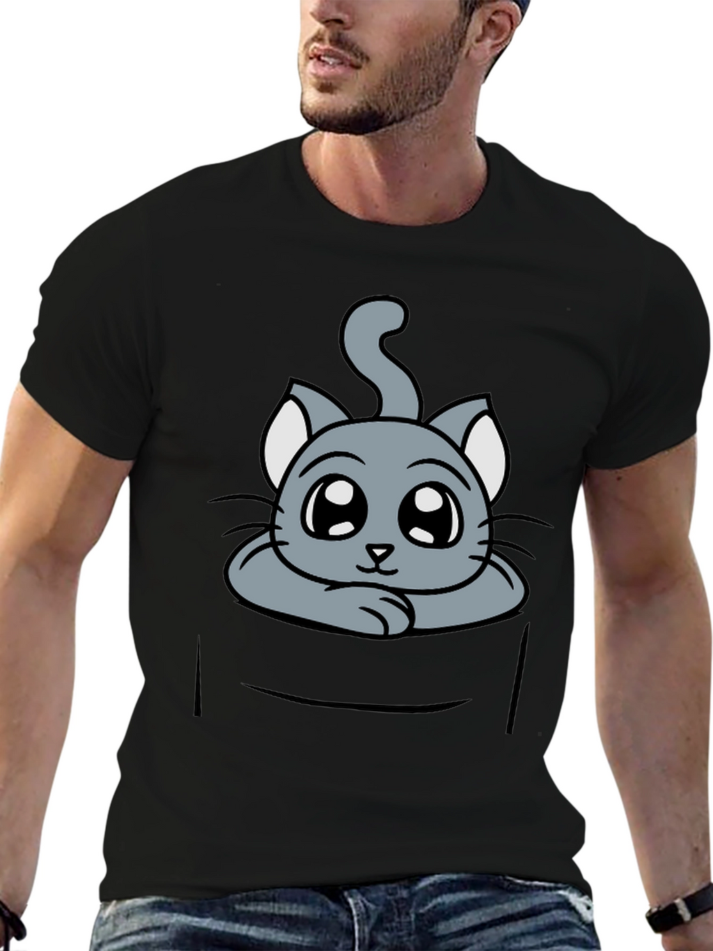 Cute Cat in Pocket Graphic Tee - Soft Cotton