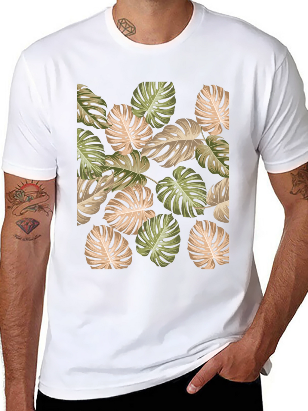 Tropical Leaf Print Black T-Shirt
