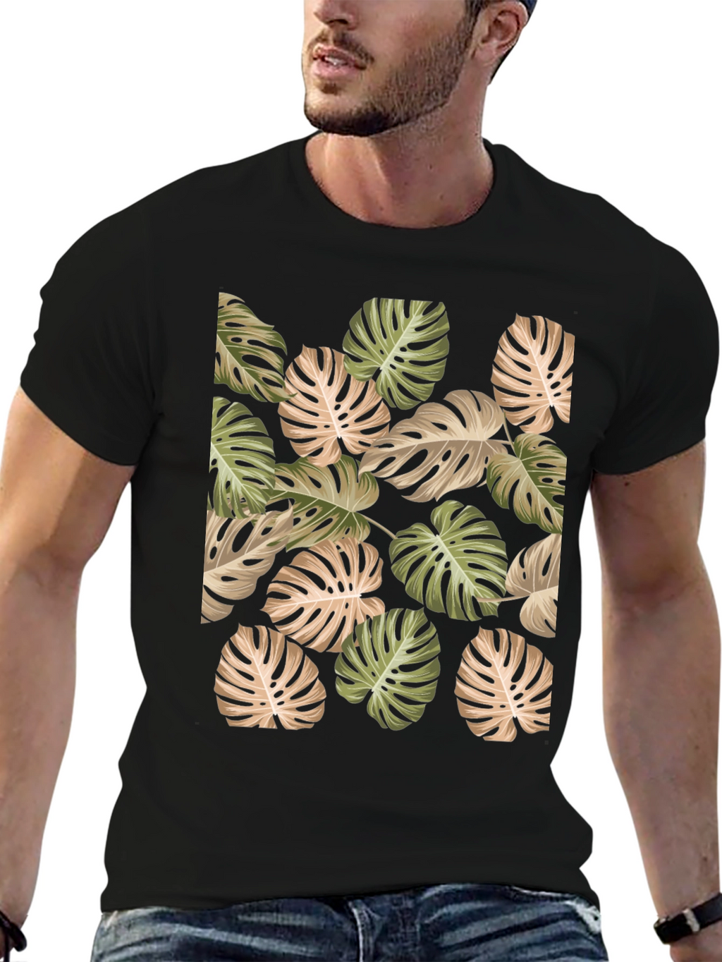 Tropical Leaf Print Black T-Shirt