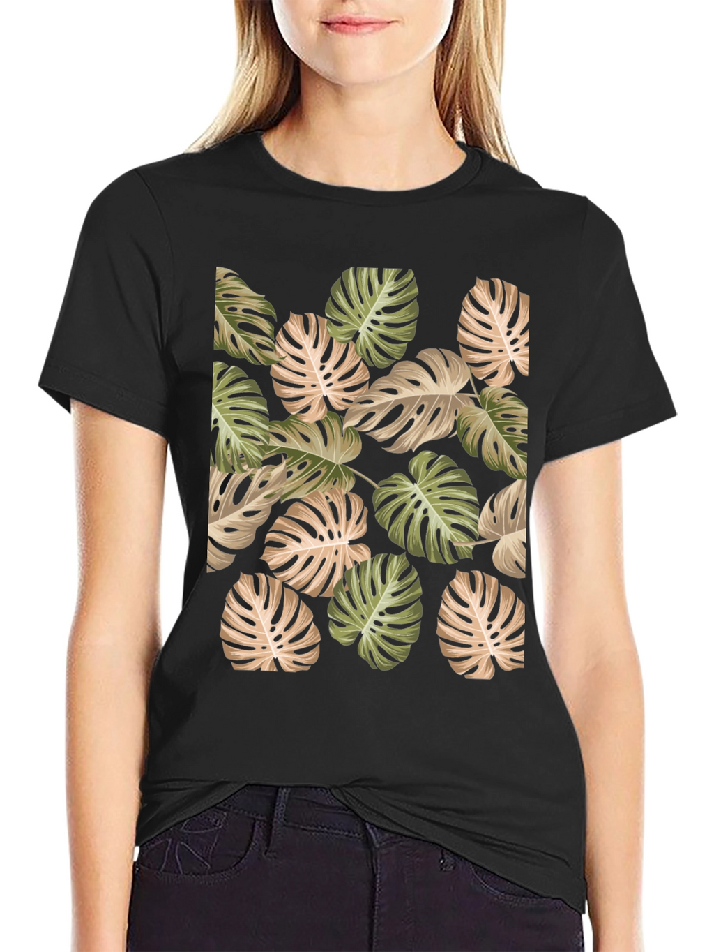 Tropical Leaf Print Black T-Shirt
