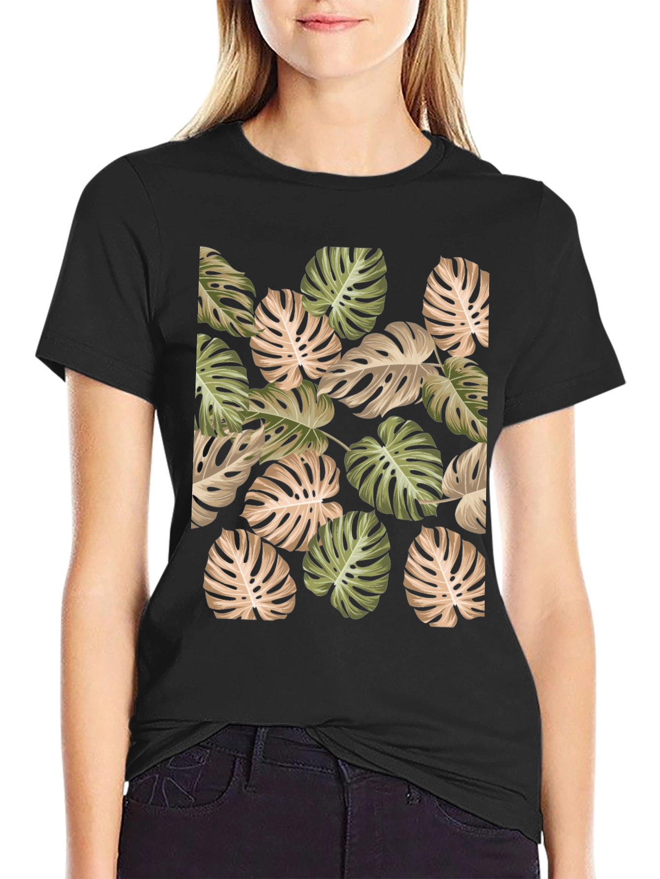 Tropical Leaf Print Black T-Shirt