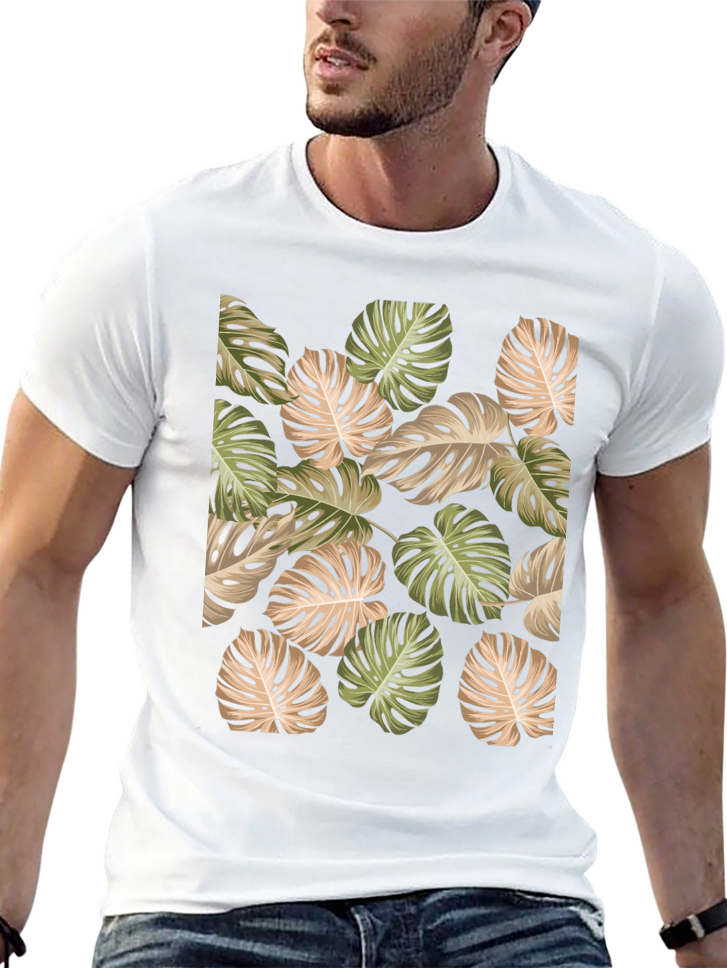 Tropical Leaf Print Black T-Shirt