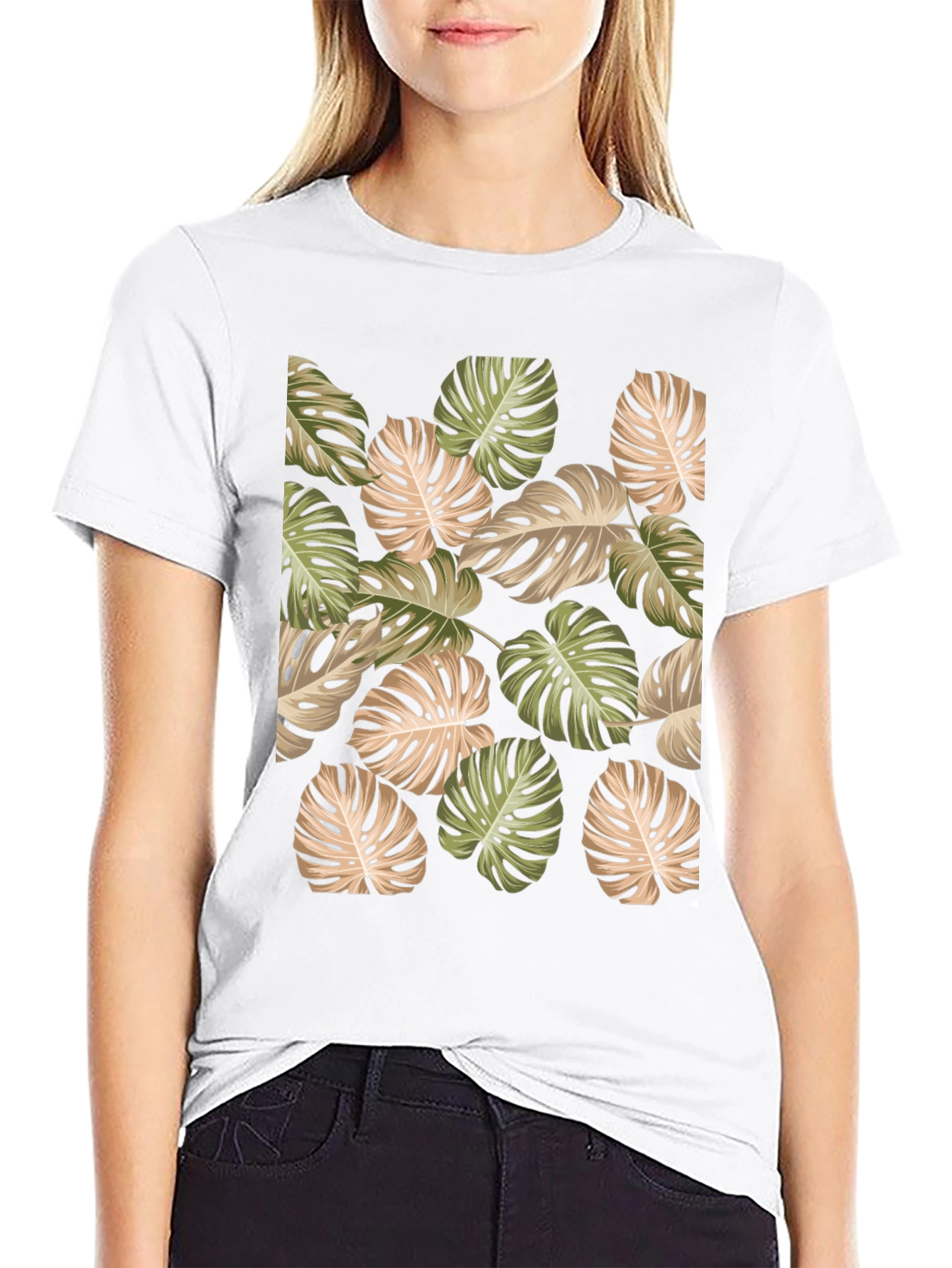 Tropical Leaf Print Black T-Shirt