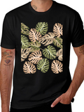 Tropical Leaf Print Black T-Shirt